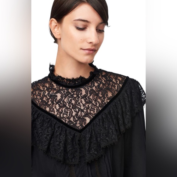Rebecca Taylor Black Silk & Lace Top With Velvet Trim Size 2 - Picture 5 of 15